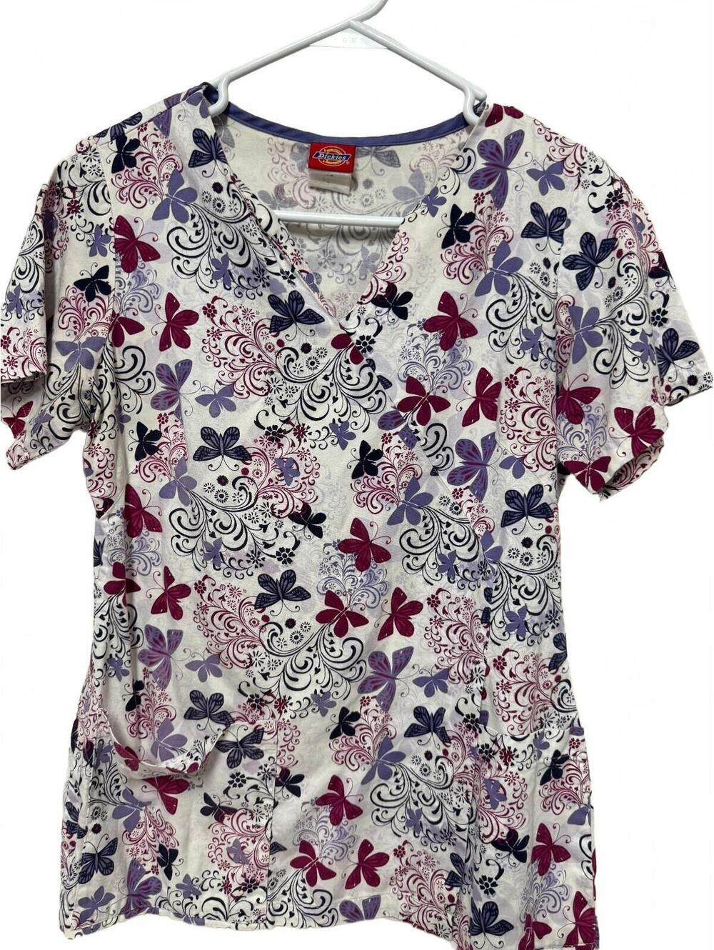 Dickies V-Neck Scrub Top Floral Butterfly Print Short Sleeve Women XS